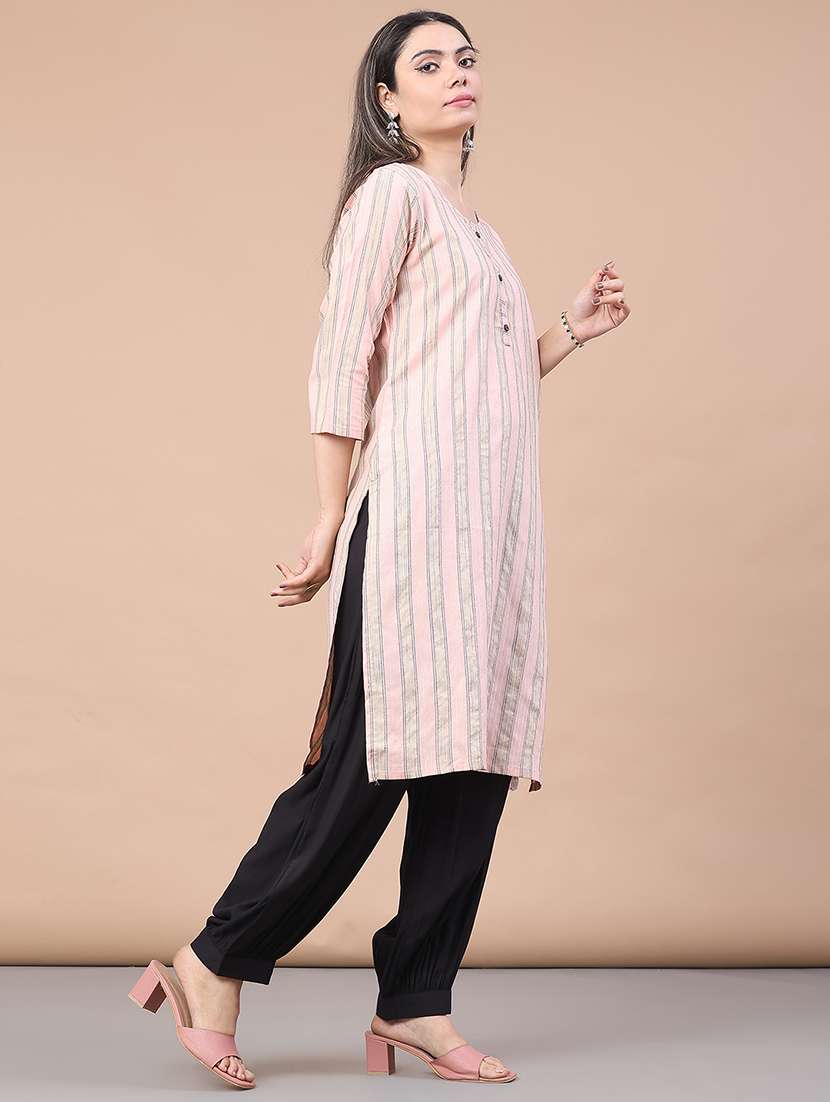 women striped three quarter sleeve straight kurta - 22268292 -  Standard Image - 2
