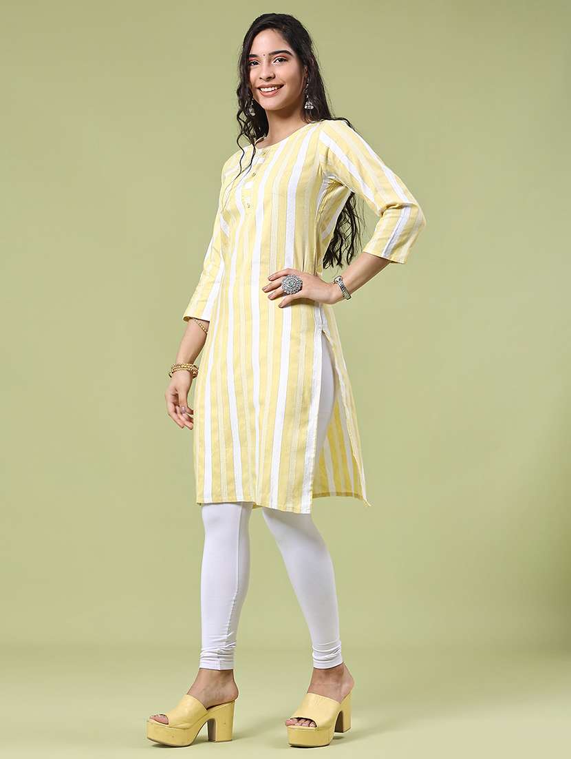 women striped three quarter sleeve straight kurta - 22268295 -  Standard Image - 2
