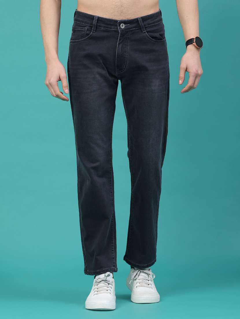 men washed mid rise full length jeans
