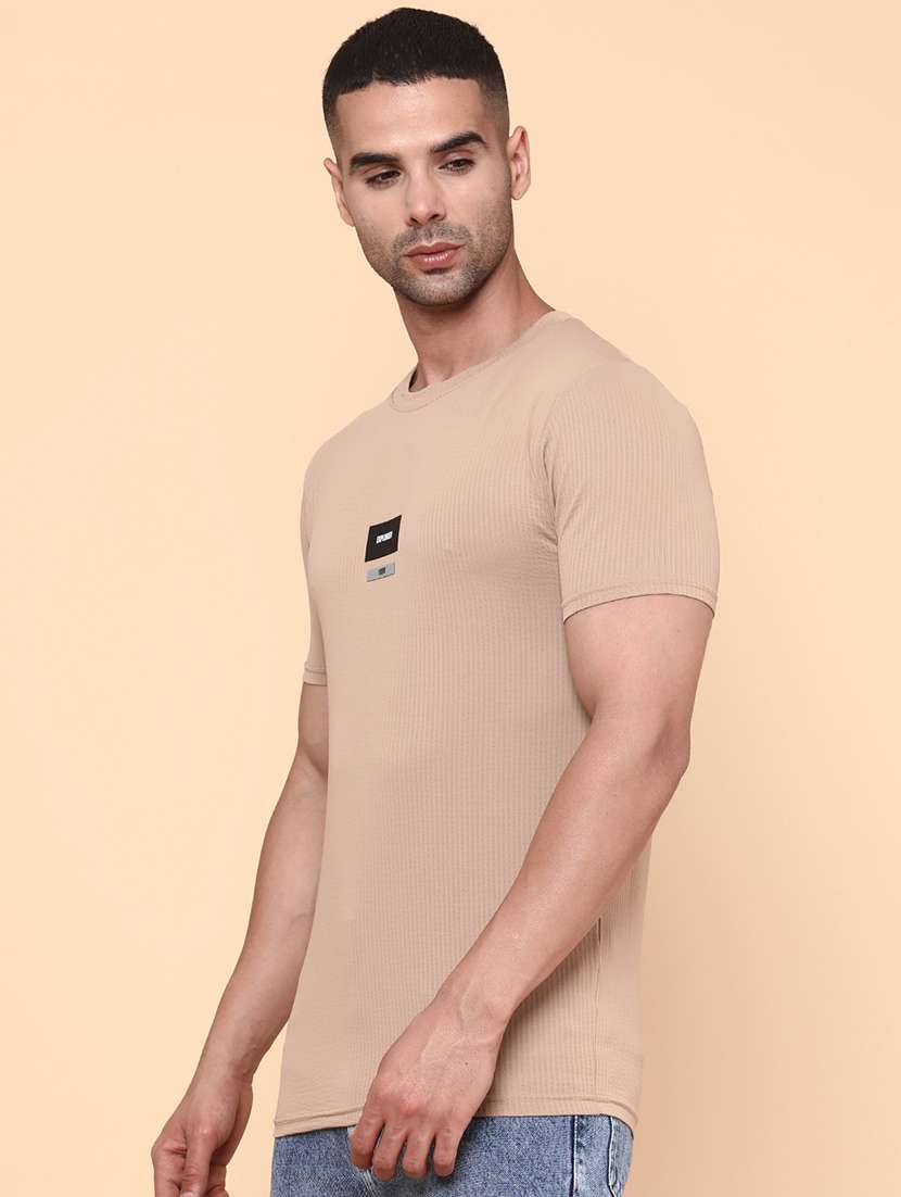 Men Beige Polyester Plain T-shirt - 22268484 -  Standard Image - 2