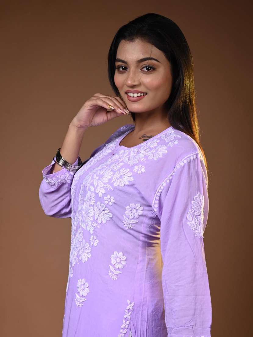 women solid with work long sleeve chikankari straight kurta - 22268691 -  Standard Image - 2