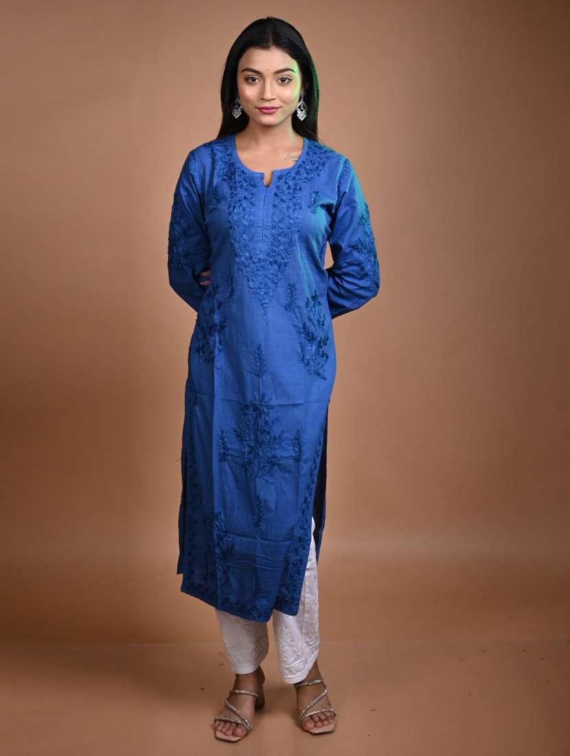 women solid with work three quarter sleeve straight kurta