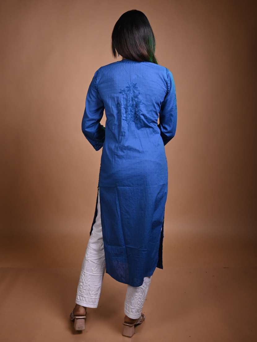 women solid with work three quarter sleeve straight kurta - 22268760 -  Standard Image - 2