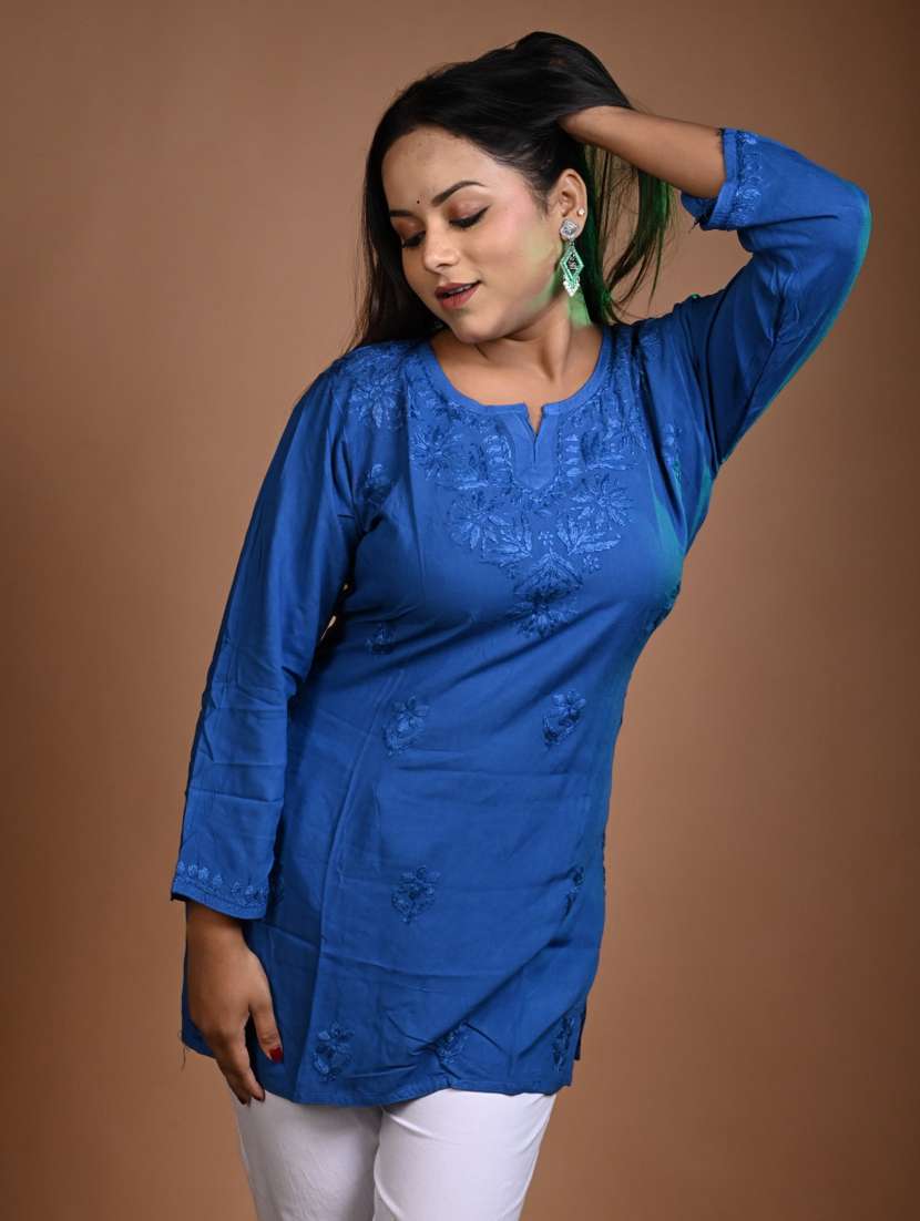 women solid with work long sleeve straight kurti