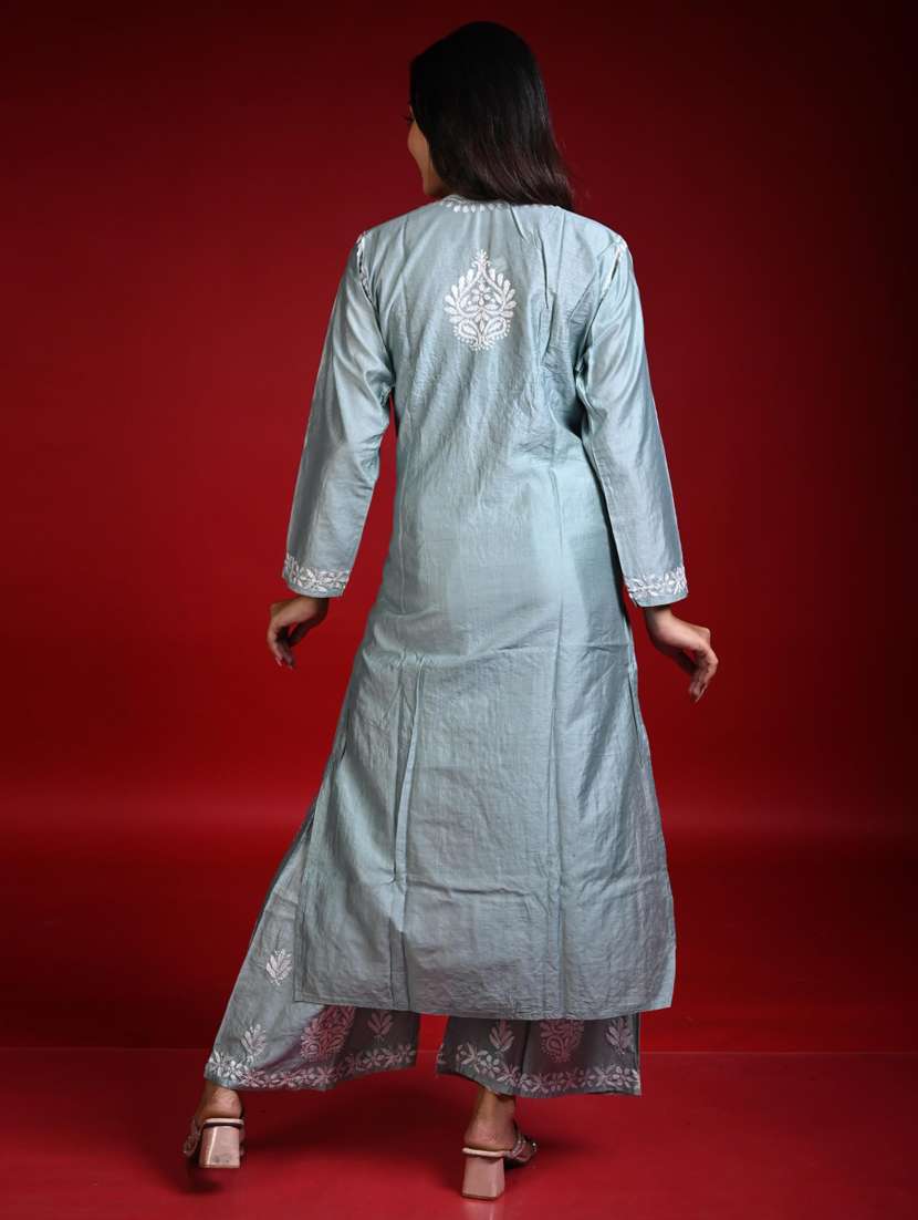 women solid with work notch neck kurta palazzo set - 22268796 -  Standard Image - 2