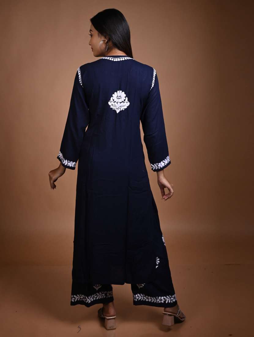 women solid with work notch neck kurta palazzo set - 22268914 -  Standard Image - 2