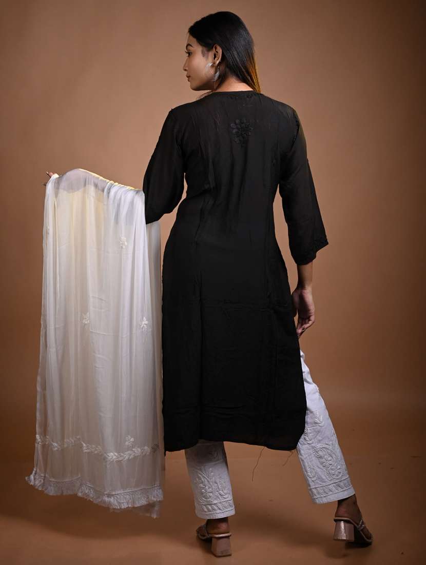 women solid with work three quarter sleeve kurta pant with dupatta set - 22268983 -  Standard Image - 2