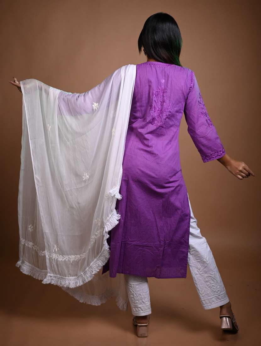 women solid with work three quarter sleeve kurta pant with dupatta set - 22268998 -  Standard Image - 2