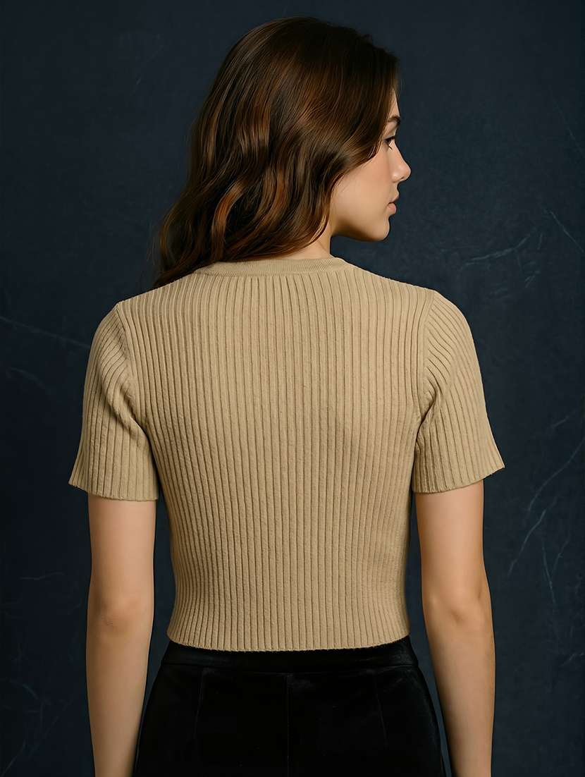 women solid short sleeve crop top - 22270440 -  Standard Image - 2