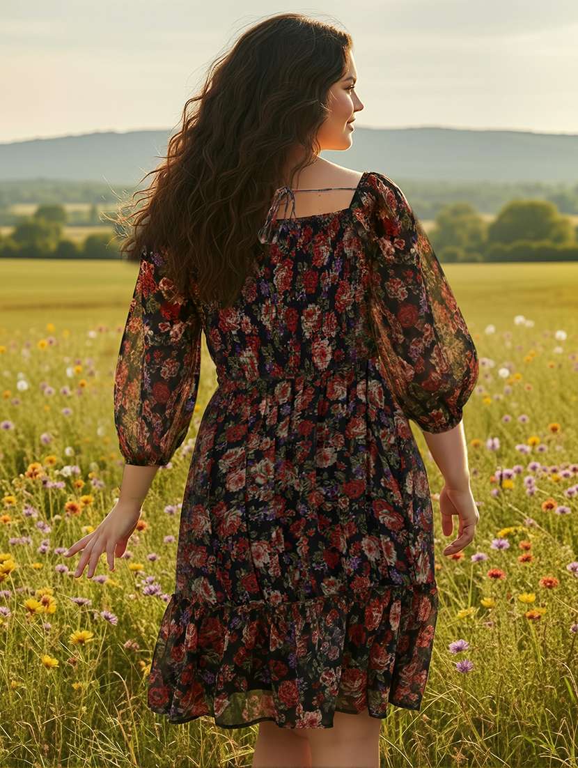 globus gloplus women black square neck raglan sleeves floral print smocked tiered plus size fit & flare midi dress - 22270443 -  Standard Image - 2