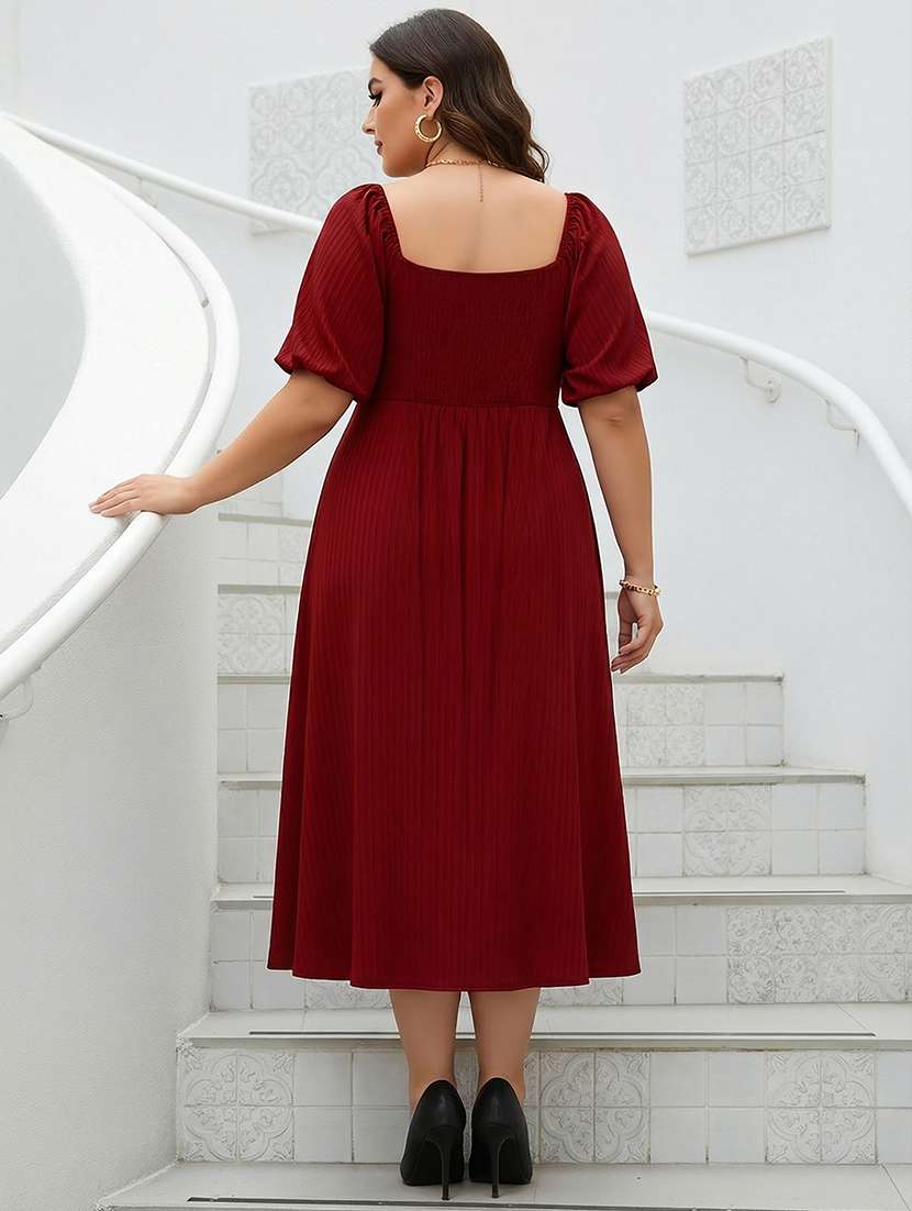 women plus size solid puff sleeve fit & flare dress - 22270450 -  Standard Image - 2