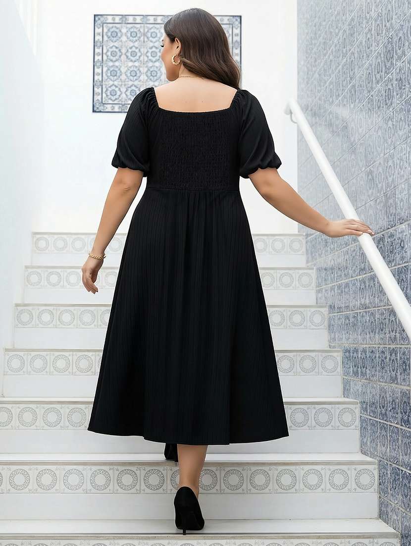 women plus size solid puff sleeve fit & flare dress - 22270451 -  Standard Image - 2