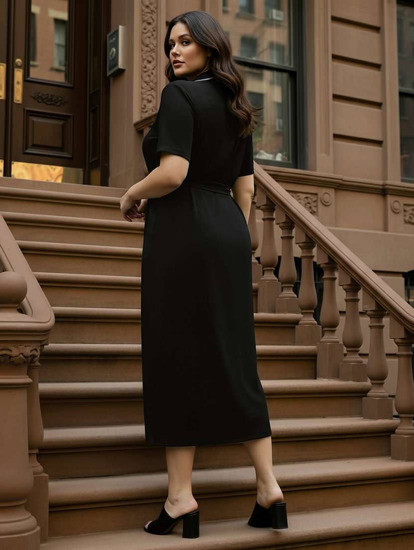 globus gloplus women black collared neck short sleeves belted midi plus size shirt style workwear dress - 22270452 -  Standard Image - 2