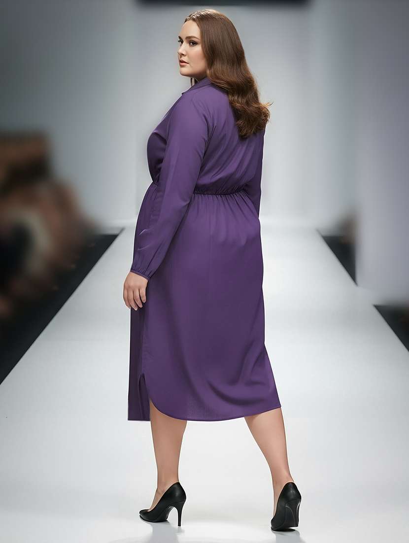 globus gloplus women purple solid twist knot detail curved hem midi plus size workwear shirt style dress - 22270454 -  Standard Image - 2