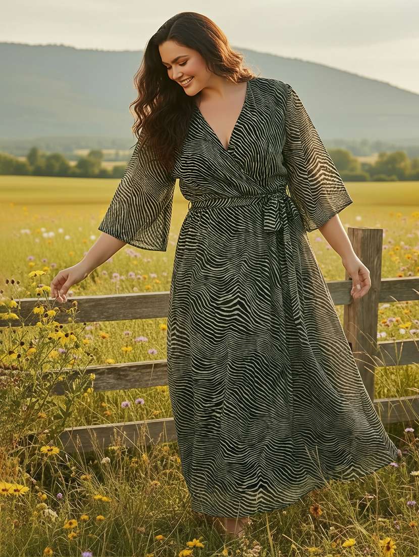 globus gloplus women multicolor v-neck abstract print waist tie-up plus size maxi wrap dress - 22270456 -  Standard Image - 2