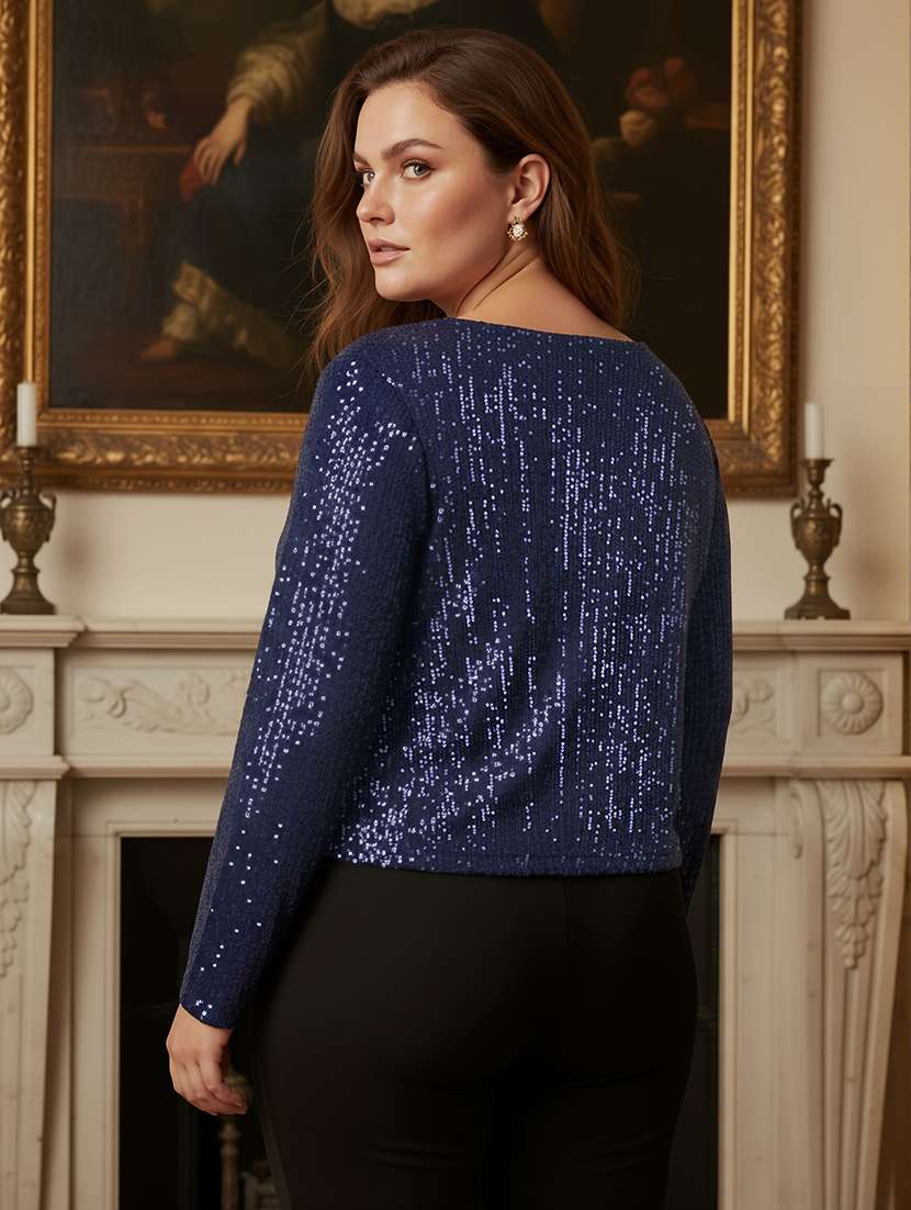 globus gloplus women navy blue v-neck long sleeves sequinned plus size party top - 22270462 -  Standard Image - 2