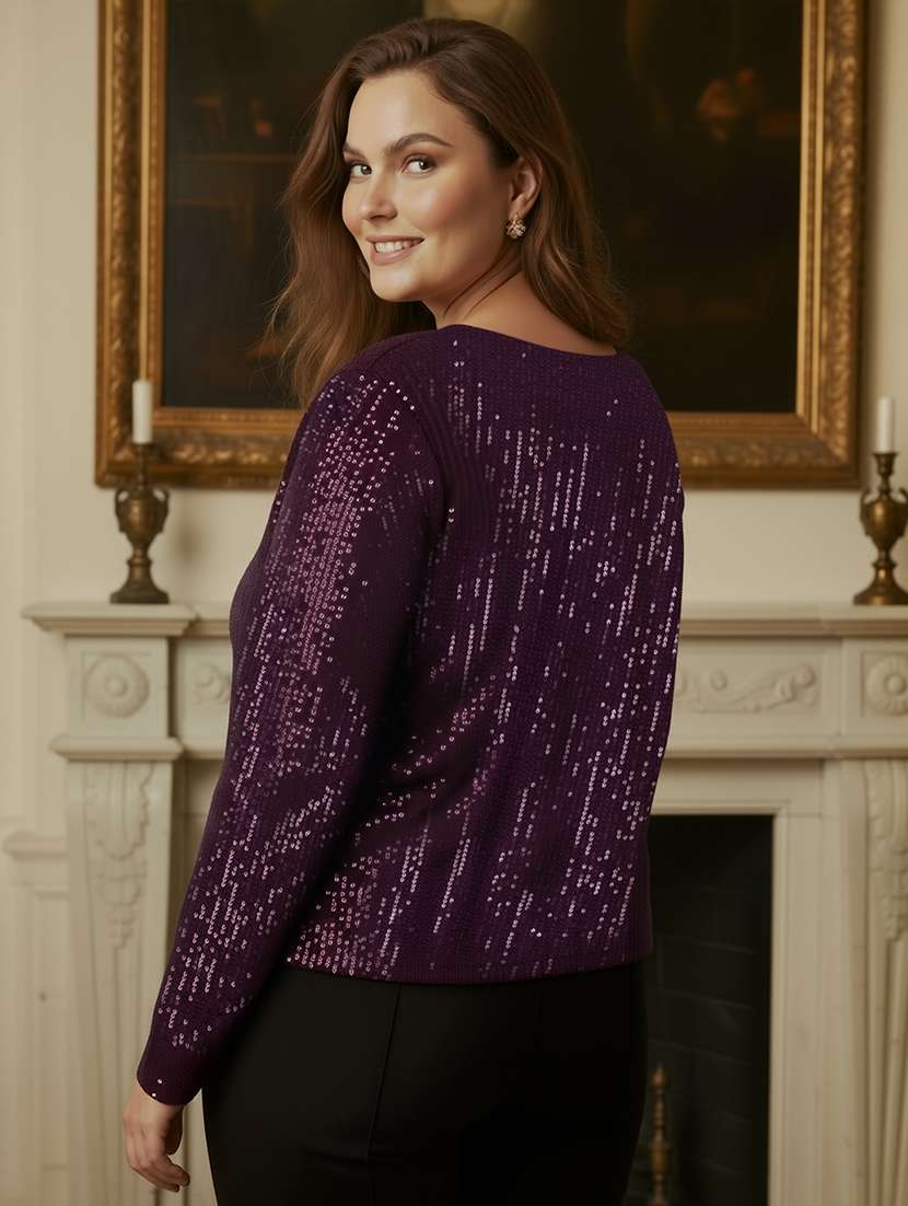 globus gloplus women purple v-neck long sleeves sequinned plus size party top - 22270463 -  Standard Image - 2