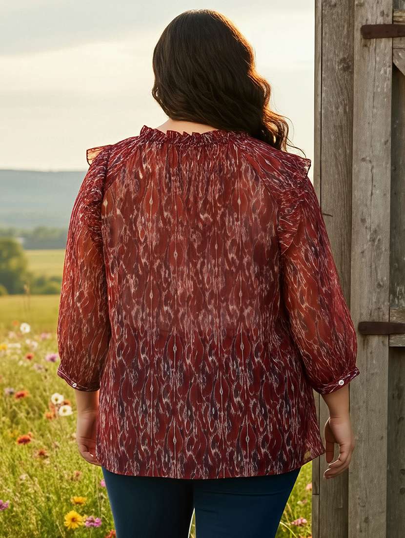 women plus size printed collared puff sleeve shirt - 22270472 -  Standard Image - 2