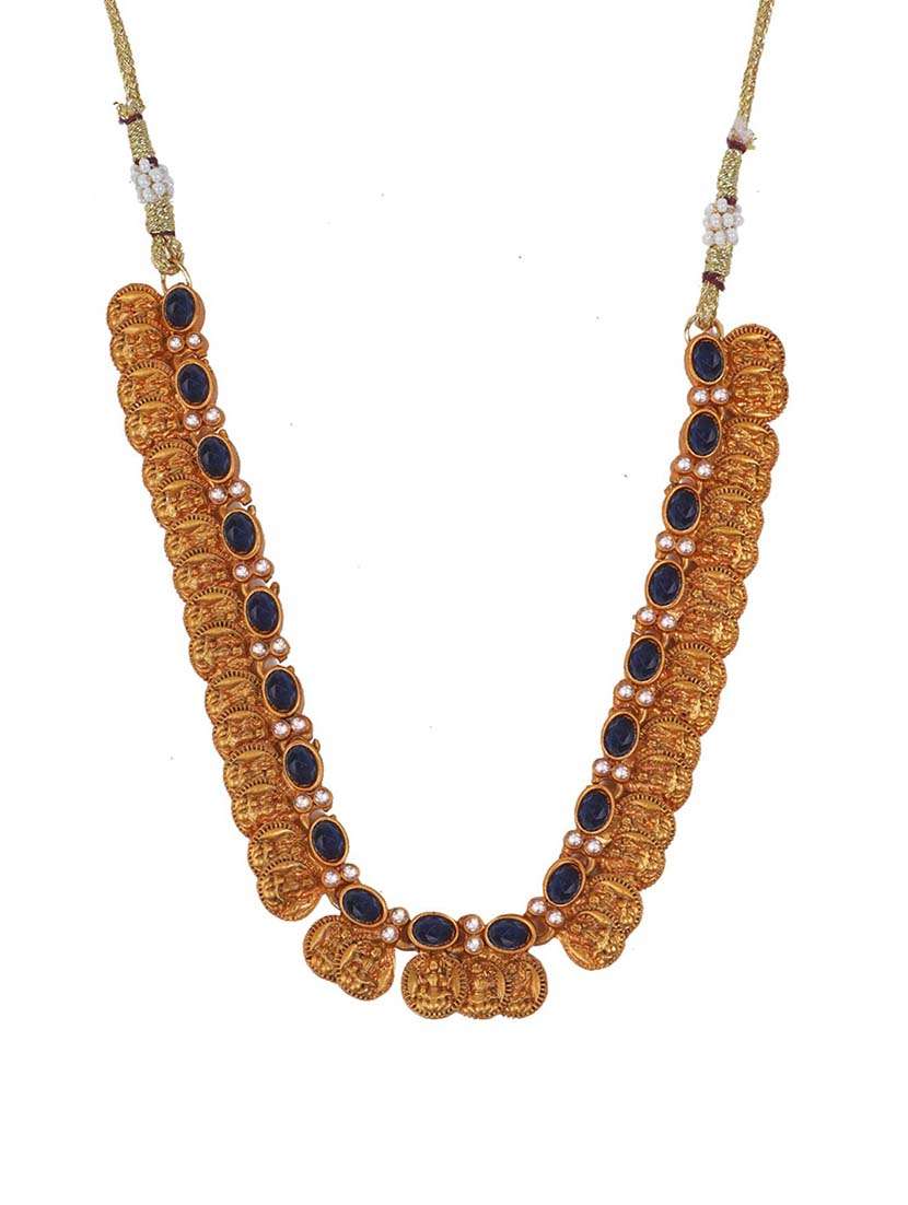 gold plated blue kemp laxmi coin necklace set - 22270479 -  Standard Image - 2