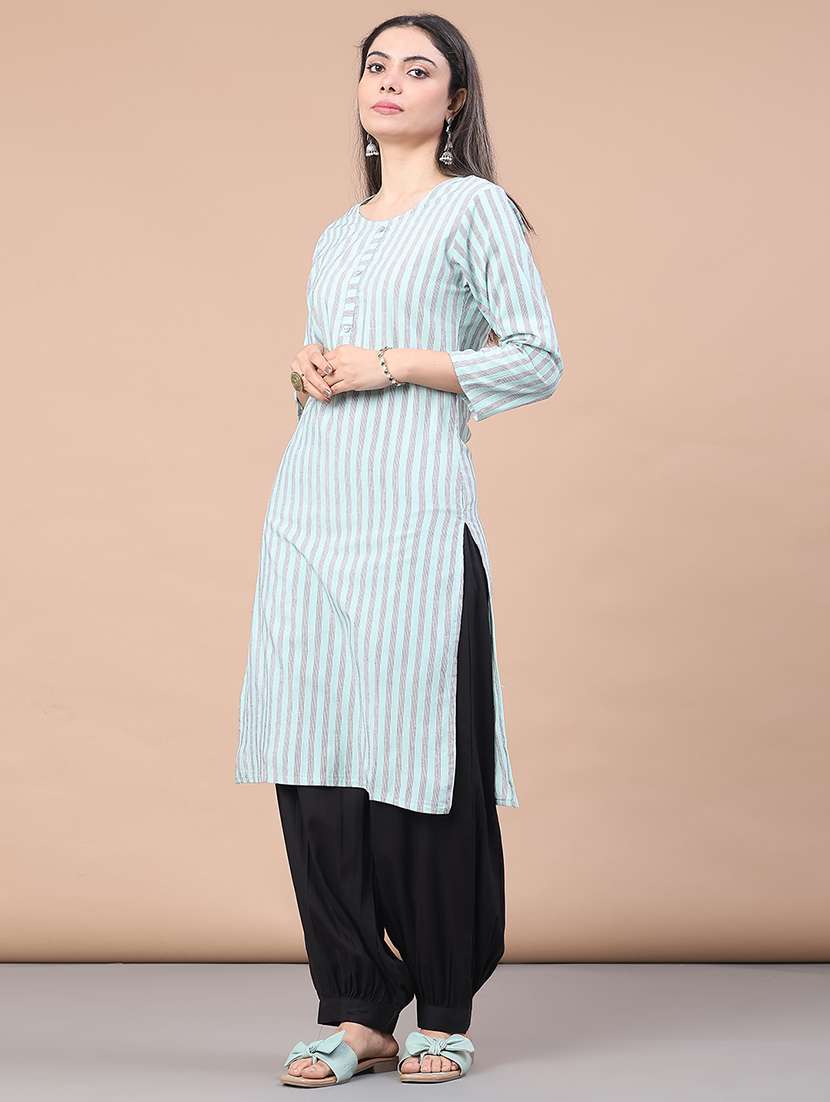 women striped three quarter sleeve straight kurta - 22270930 -  Standard Image - 2