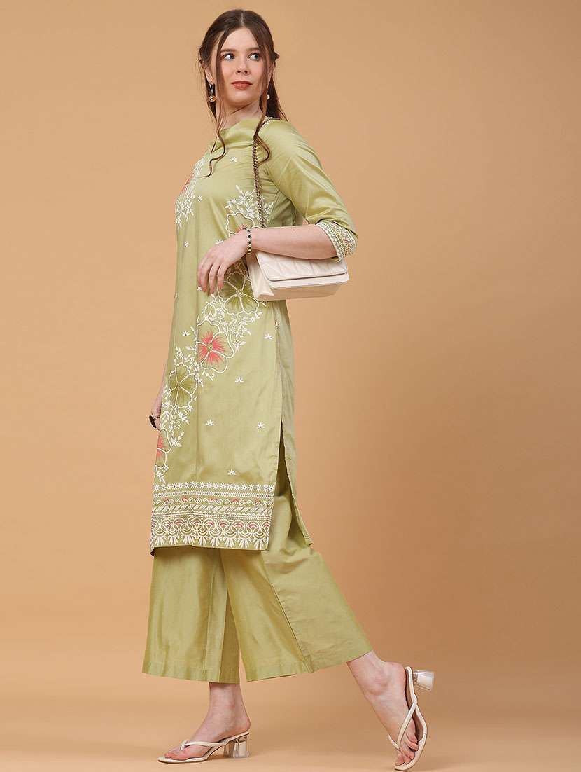women solid with work three quarter sleeve kurta palazzo set - 22271252 -  Standard Image - 2