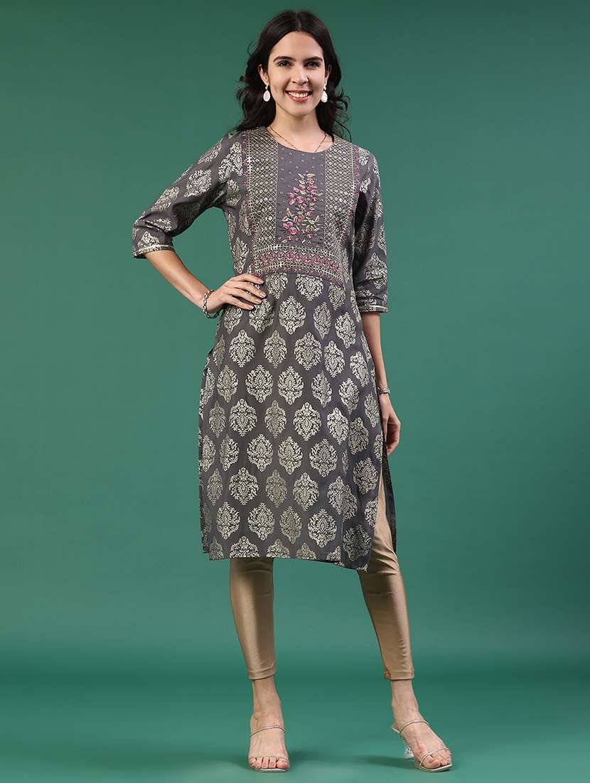 women solid with work three quarter sleeve kurta - 22271713 -  Standard Image - 2