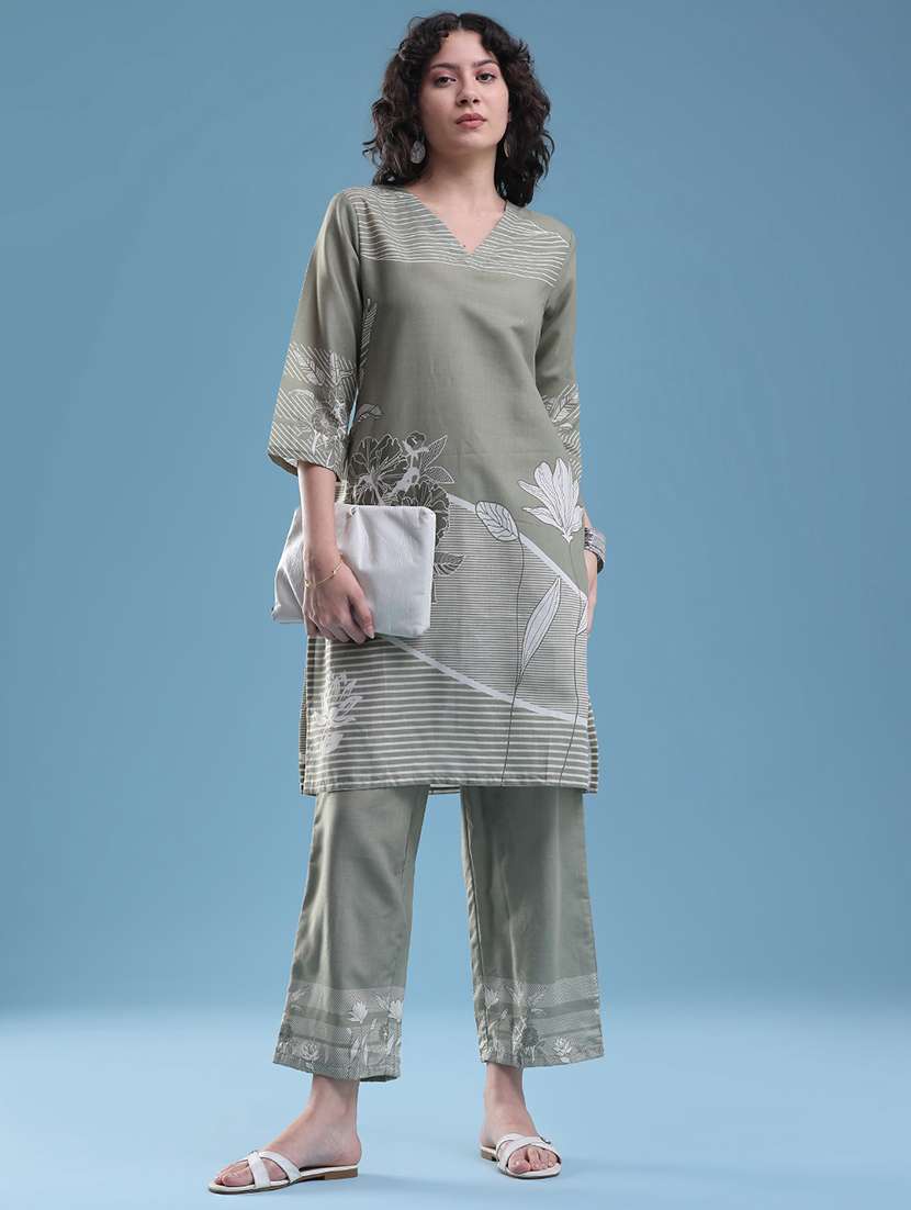 women printed three quarter sleeves ethnic co-ord set