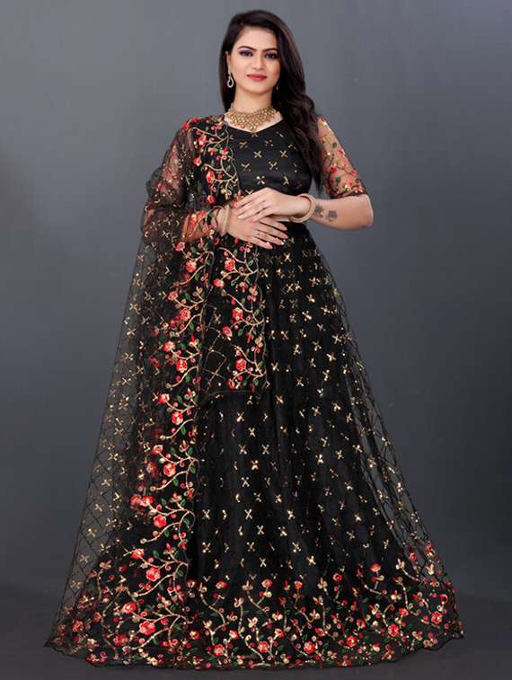 women solid with work semi stitched flared lehenga