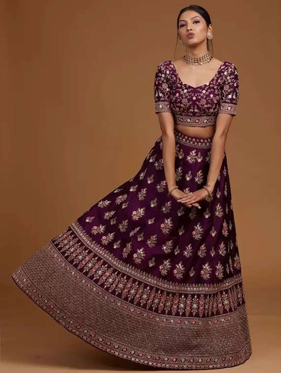 women solid with work semi stitched flared lehenga - 22271922 -  Standard Image - 2