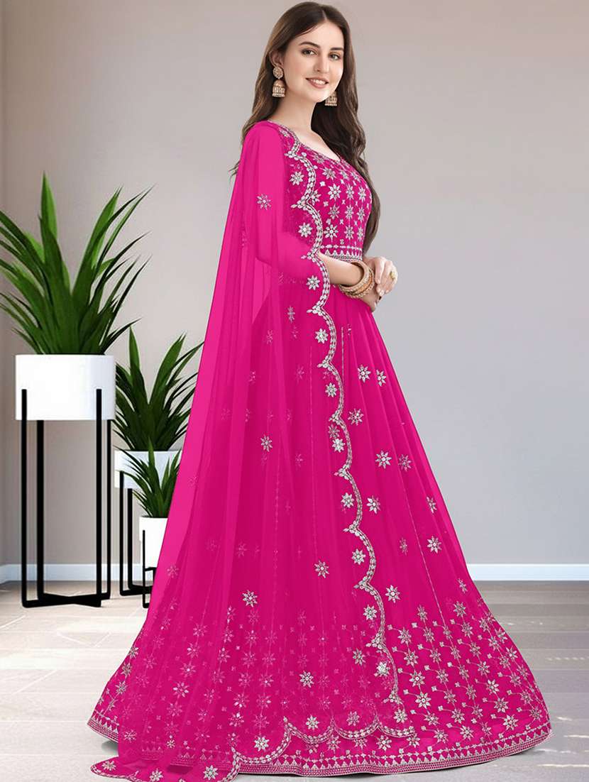 women solid with work semi stitched flared gown - 22271939 -  Standard Image - 2