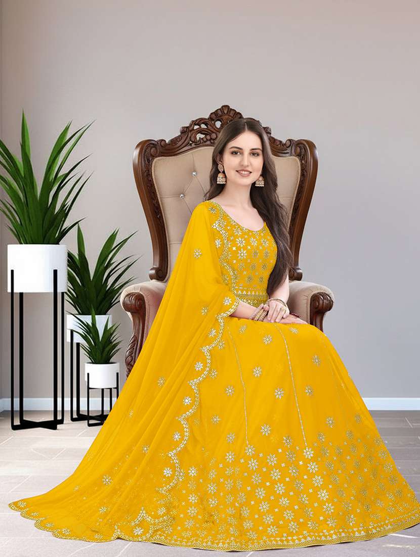 women solid with work semi stitched flared gown - 22271941 -  Standard Image - 2