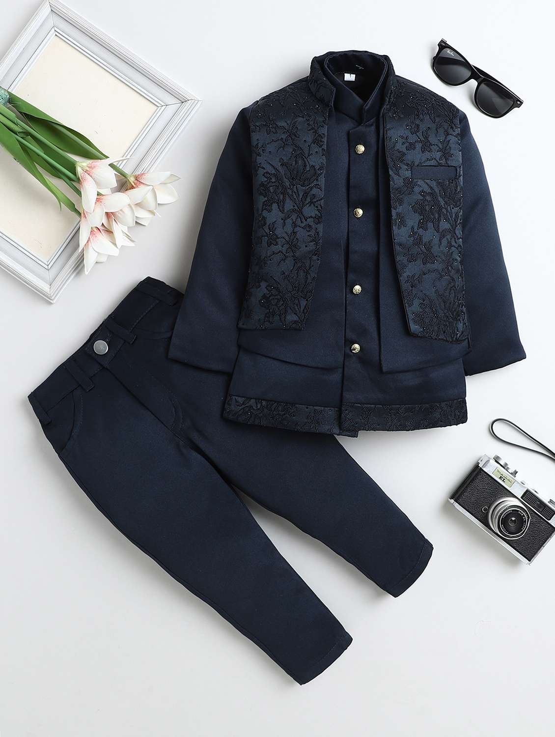 boys embroidered long sleeve sherwani set