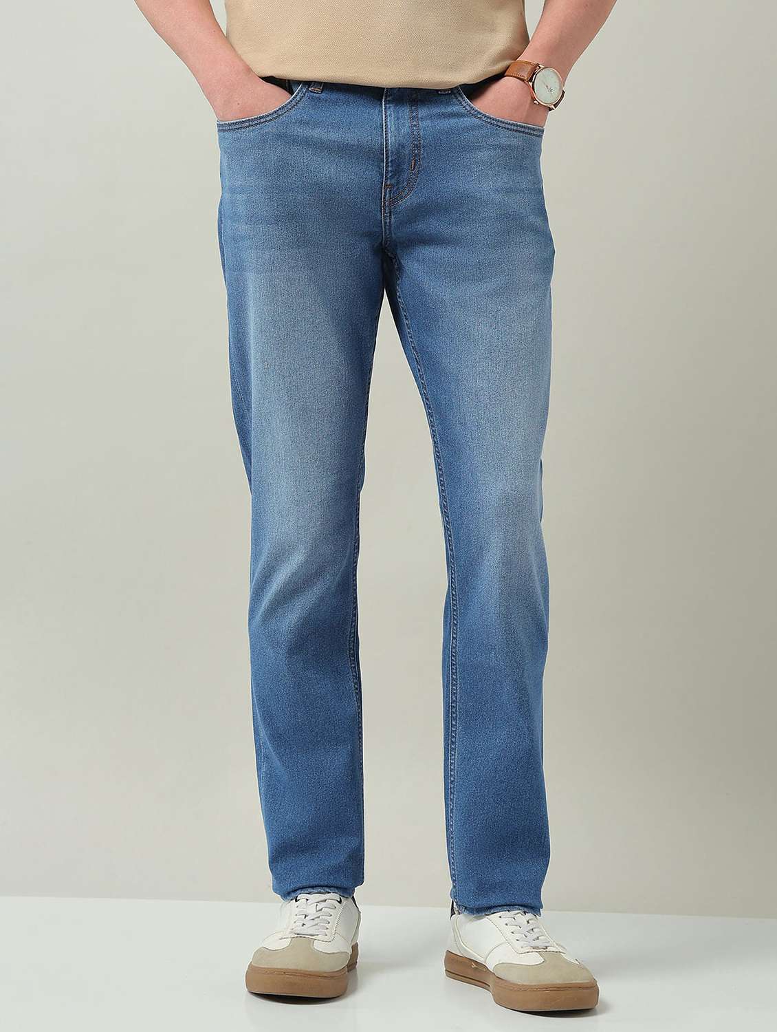 men washed mid rise full length slim fit jeans