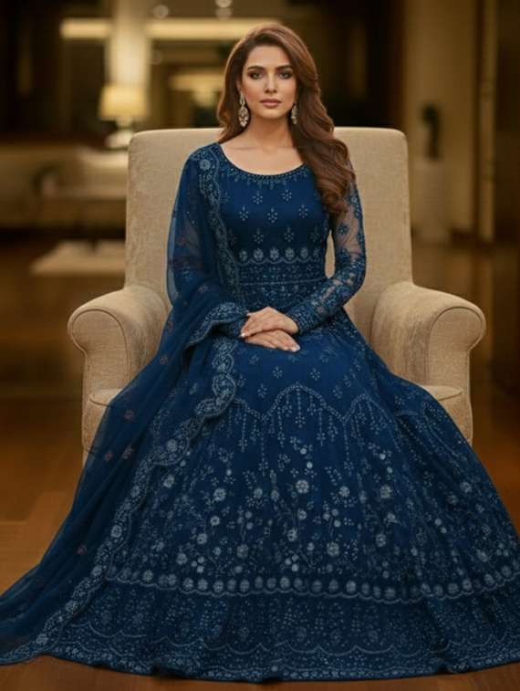 women solid with work semi stitched fit & flare gown - 22272902 -  Standard Image - 2