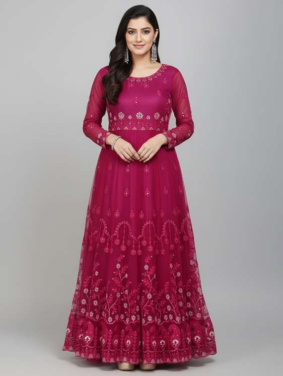 women solid with work semi stitched fit & flare gown - 22272903 -  Standard Image - 2