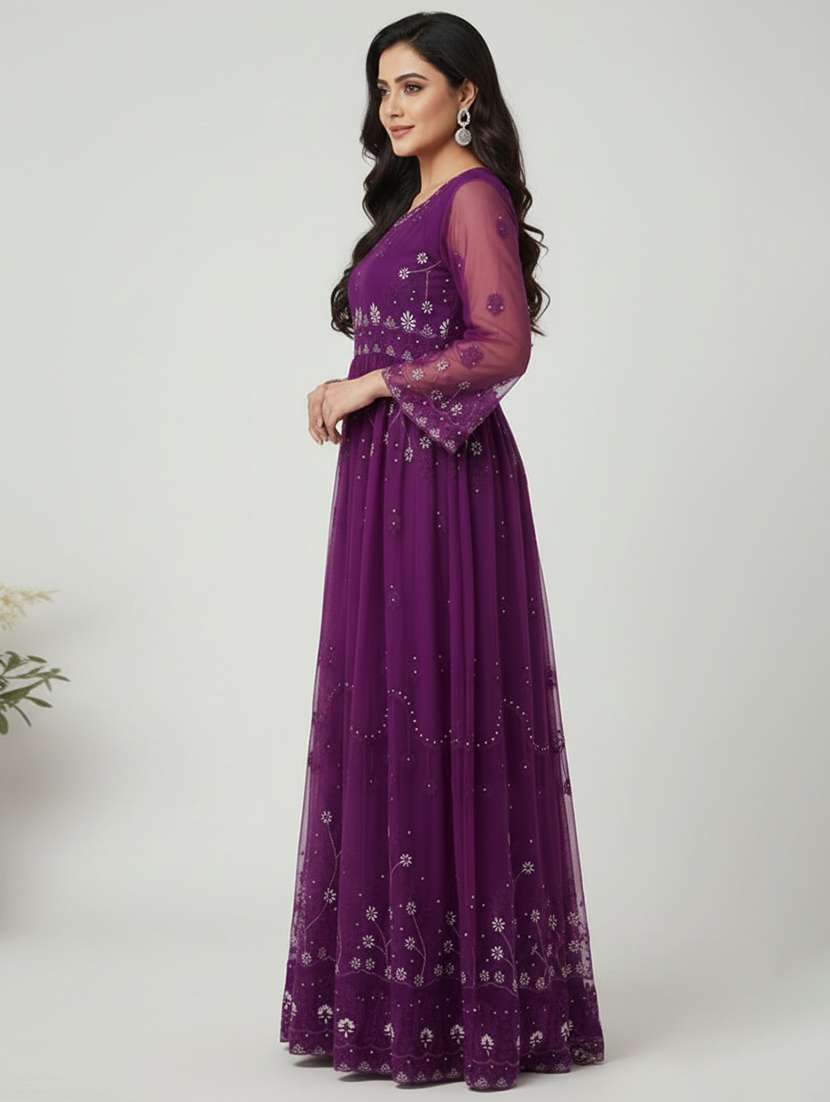 women solid with work semi stitched fit & flare gown - 22272908 -  Standard Image - 2