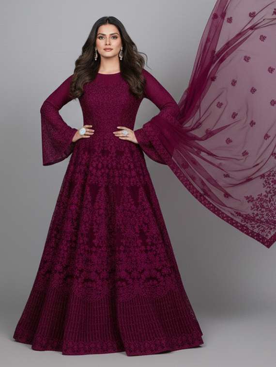 women solid with work semi stitched fit & flare gown - 22272917 -  Standard Image - 2