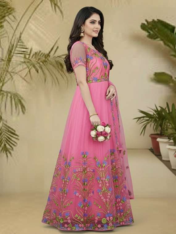 women solid with work semi stitched fit & flare gown - 22272921 -  Standard Image - 2