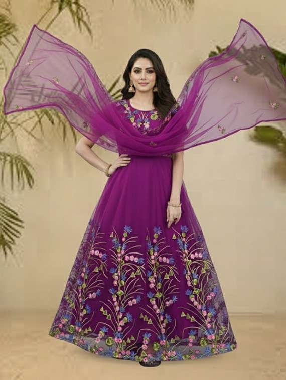 women solid with work semi stitched fit & flare gown - 22272922 -  Standard Image - 2