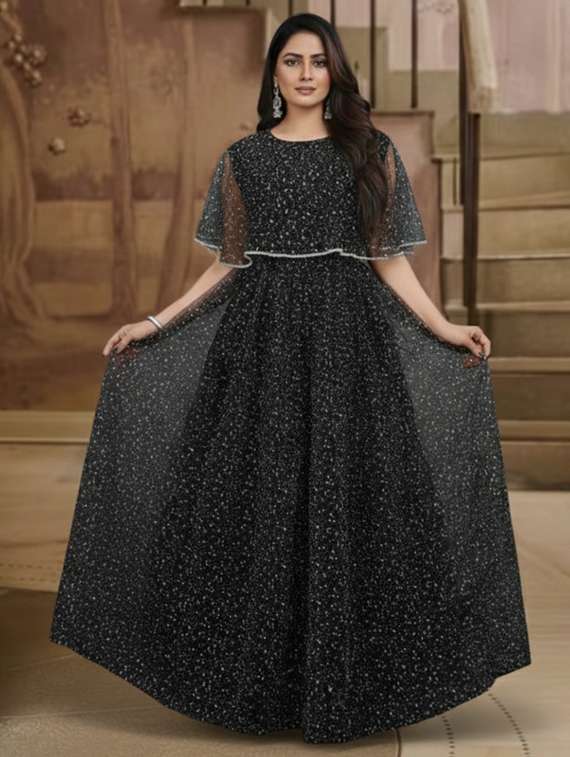 women solid with work semi stitched fit & flare gown
