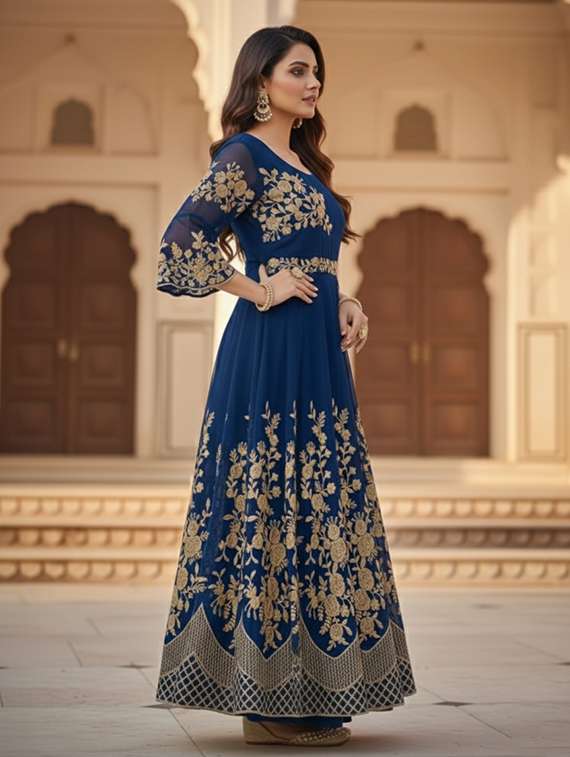 women solid with work semi stitched fit & flare gown - 22272930 -  Standard Image - 2