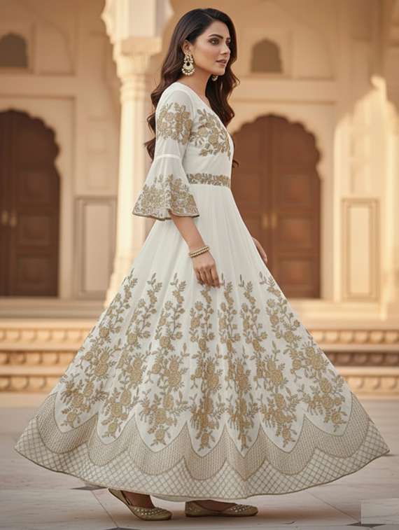 women solid with work semi stitched fit & flare gown - 22272932 -  Standard Image - 2