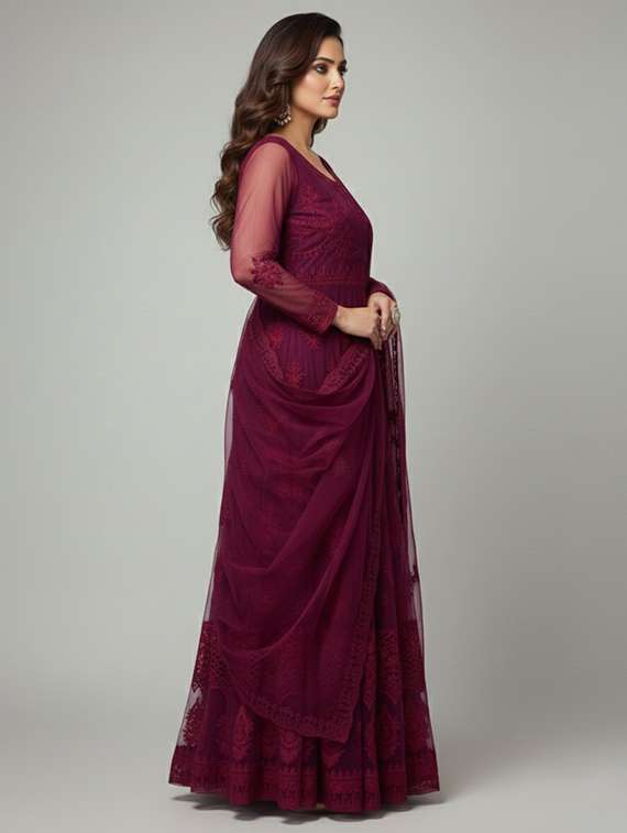 women solid with work semi stitched fit & flare gown - 22272935 -  Standard Image - 2