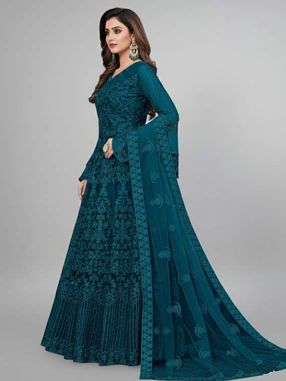 women solid with work semi stitched fit & flare gown - 22272937 -  Standard Image - 2