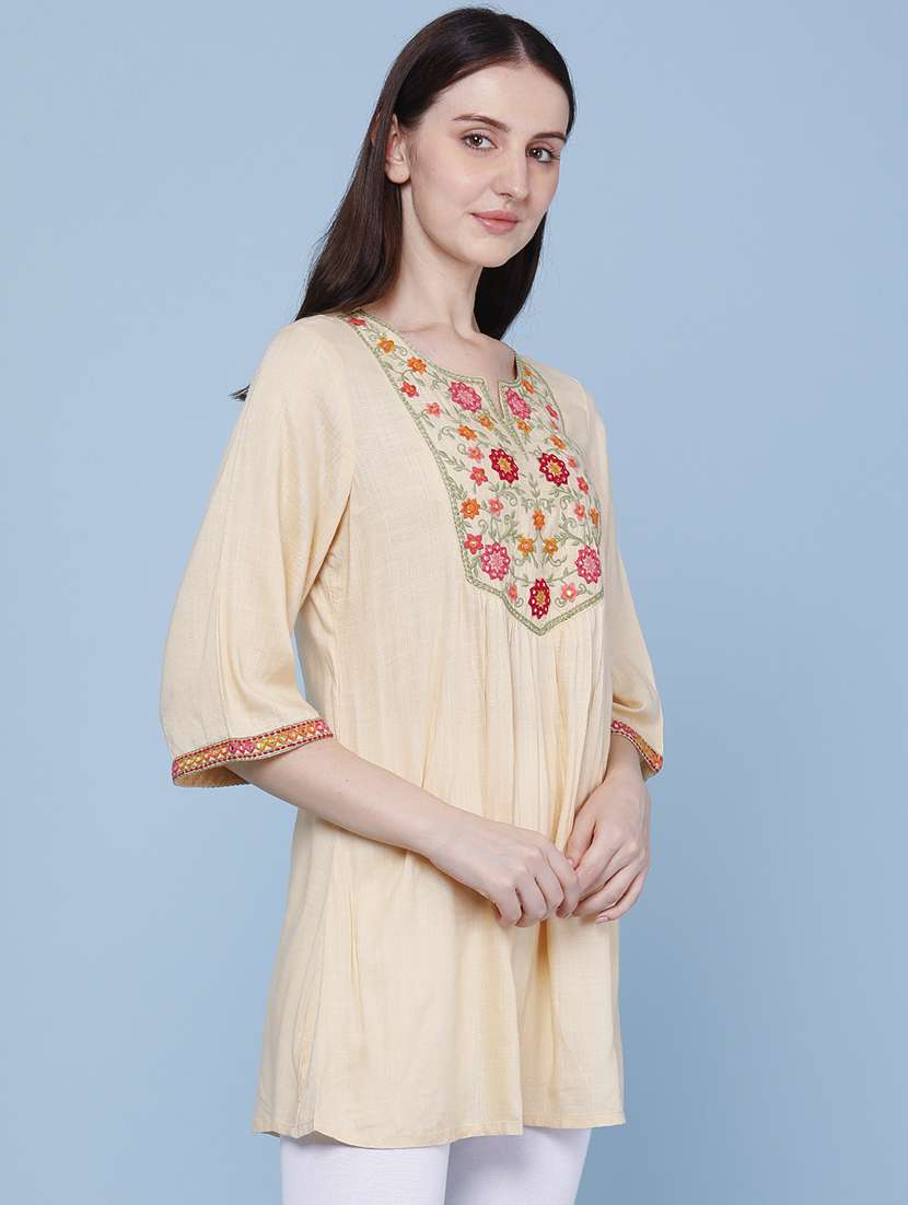 women embroidered three quarter sleeves a-line kurti - 22273080 -  Standard Image - 2