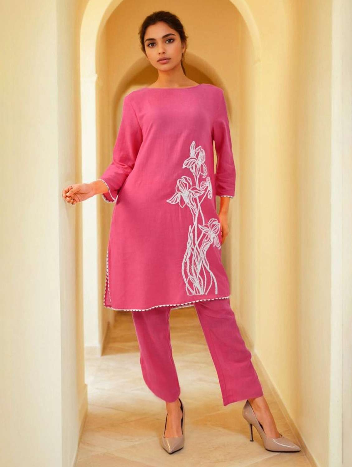 women solid with work three quarter sleeve ethnic co-ord set - 22273557 -  Standard Image - 2