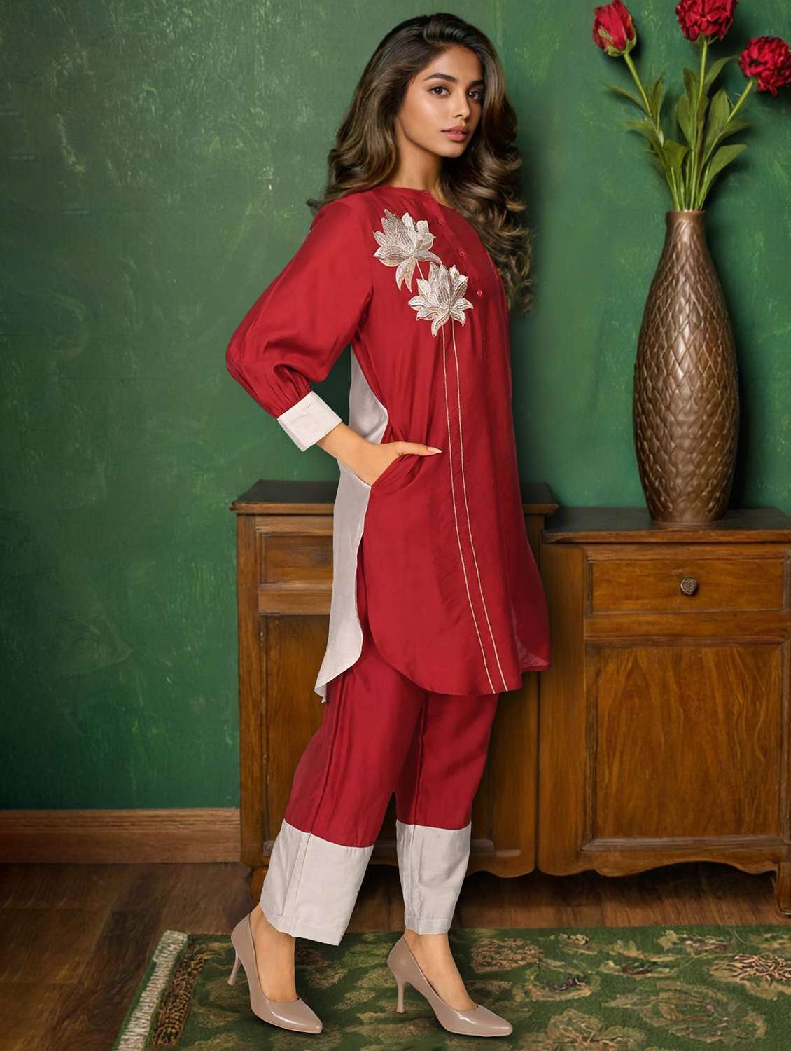 women solid with work three quarter sleeve ethnic co-ord set - 22273567 -  Standard Image - 2
