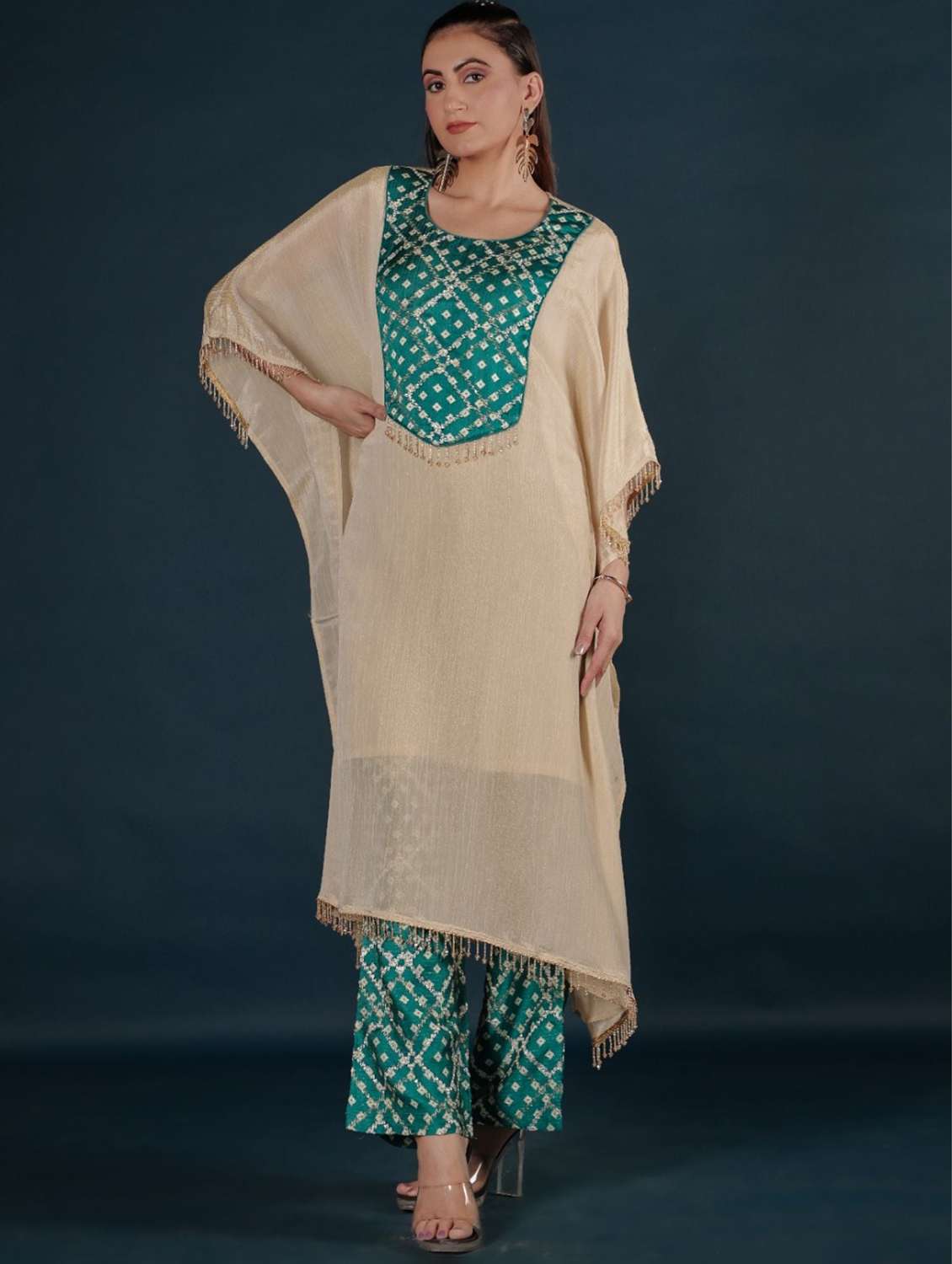 women printed kimono sleeve kaftan kurta pant set