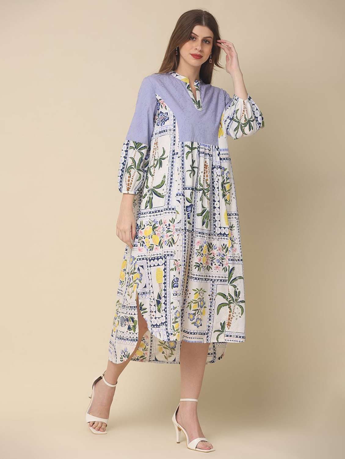 women printed puff sleeve high low dress - 22273664 -  Standard Image - 2