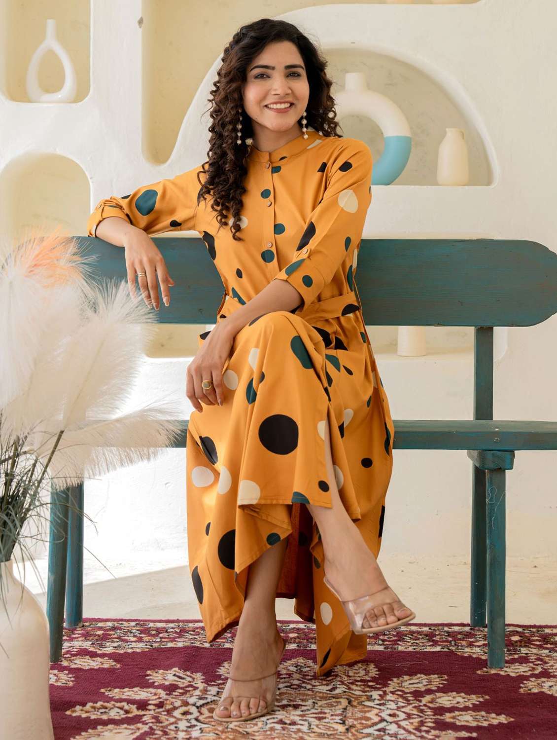 women printed mandarin neck fit & flare dress - 22273668 -  Standard Image - 2